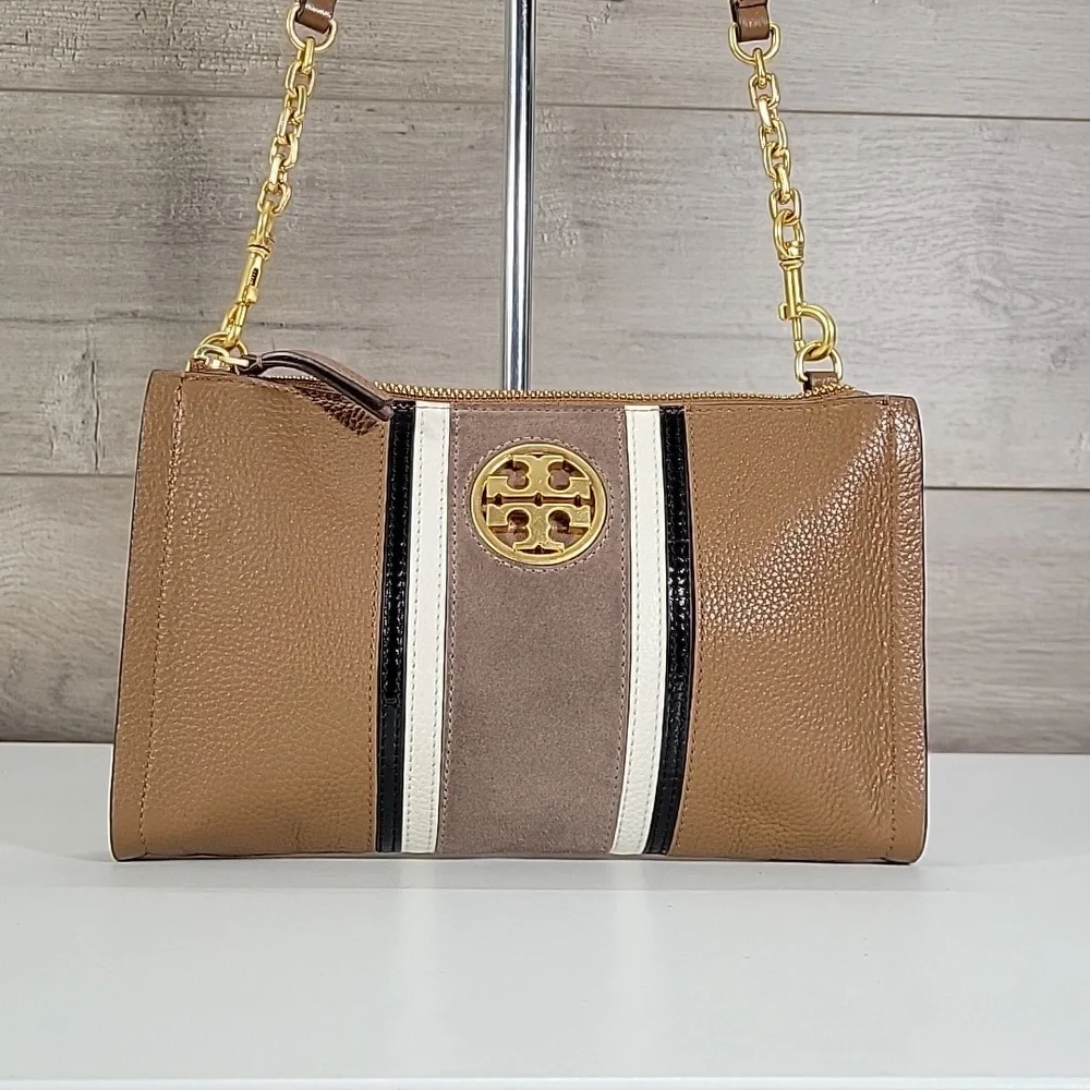 Tory Burch Brown Leather Crossbody Bag with Striped Accent